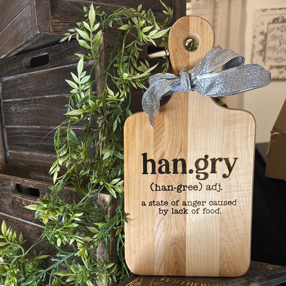 Handmade Laser Engraved Wooden Cutting Board with Silver Ribbon Charcuterie